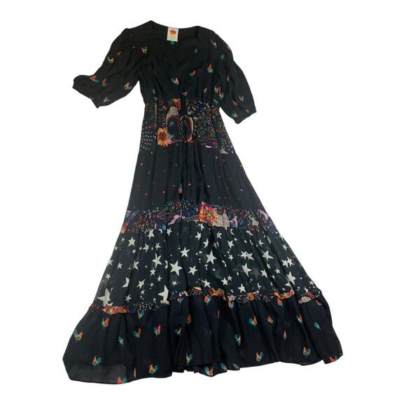 Farm Rio size small mixed stardust maxi dress Celestial Black chickens tiered - Picture 2 of 12